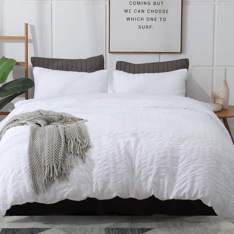 AveLom White Duvet Cover Queen (90 x 90 Inches)ï¼Œ 3 Pieces (1 Duvet Cover + 2 Pillow Cases) Stripe Zipper Closure Corner Ties Soft Washed Microfiber Duvet Cover for Men, Women - Image 1